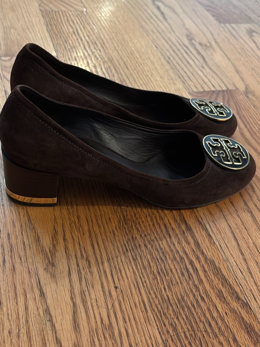 Tory Burch Dark Brown Suede Block Heel Logo Pumps